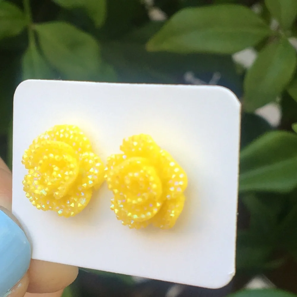 Iridescent Yellow Rose Flower Stud Earrings